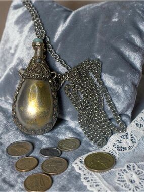 Vintage Ornate Perfume Bottle Pendant Necklace Turquoise Accent Silver Tone